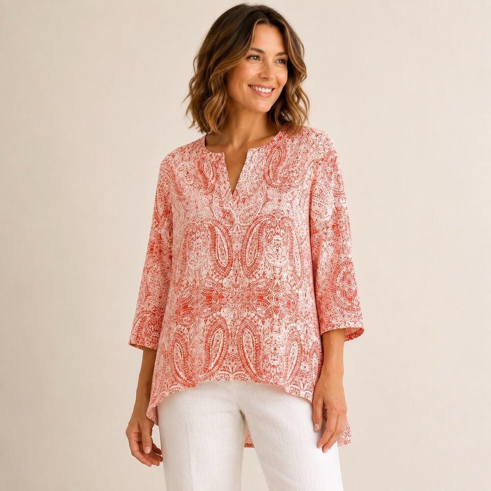 Habitat Clothes High low Tunic Top Large Coral Paisley Split Neck Lagenlook